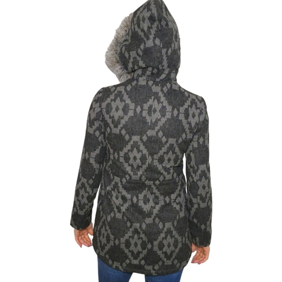 Jack Wool Mix Jacket Size Small Black Grey Argyle Faux Fur Attached Hood - Picture 4 of 7